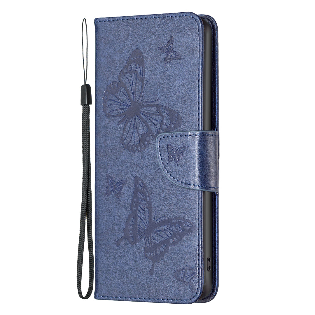 Uniqkart for iPhone 15 Pro Shockproof Phone Flip Case Butterfly Imprinted Leather Stand Wallet Cover with Strap - Blue Uniqkart for iPhone 15 Pro Shockproof Phone Flip Case Butterfly Imprinted Leather Stand Wallet Cover with Strap - Blue